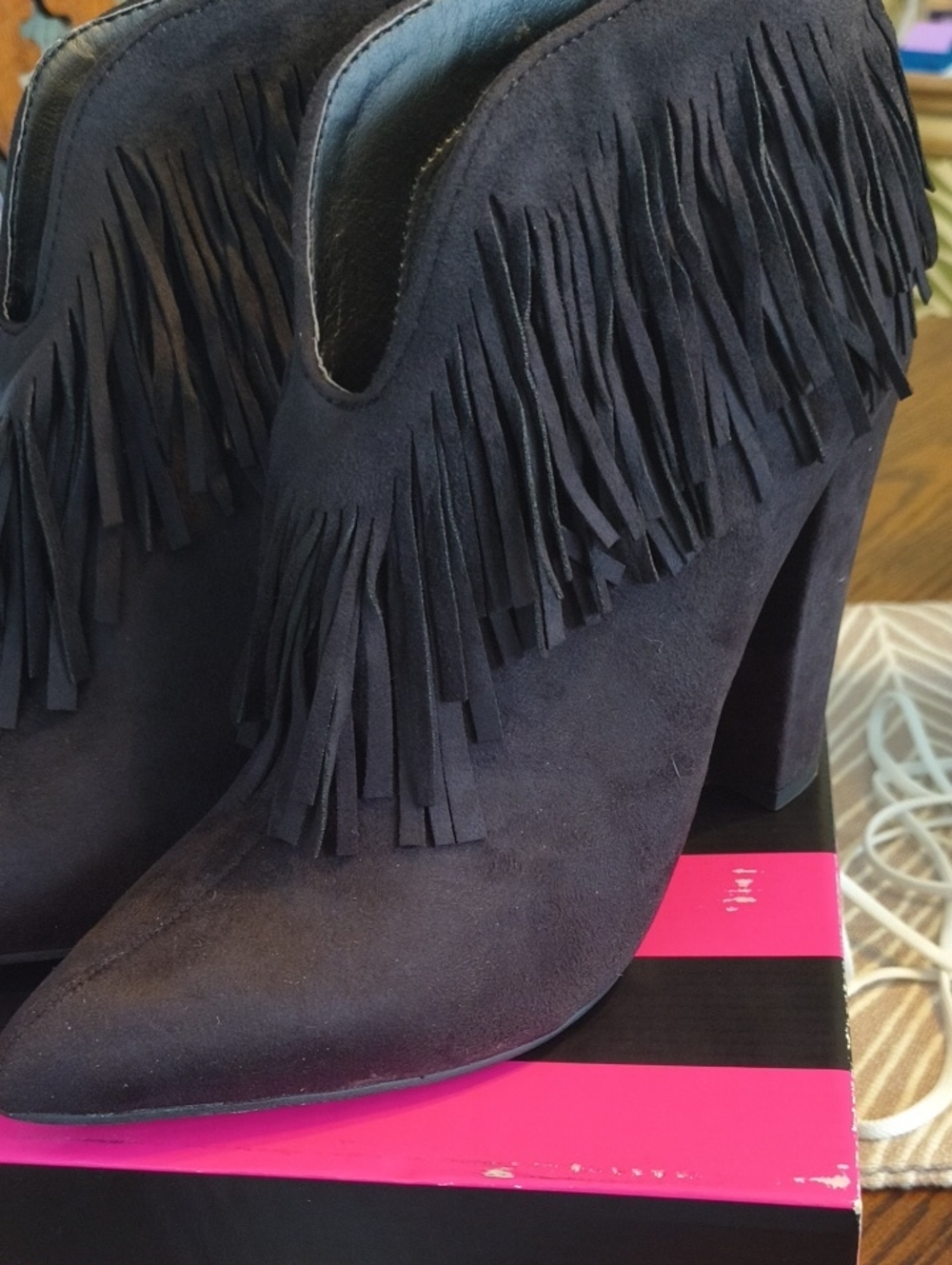 Fringed Microgiber Ankle Boots - Black